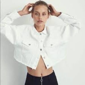 Cropped distressed white jean jacket